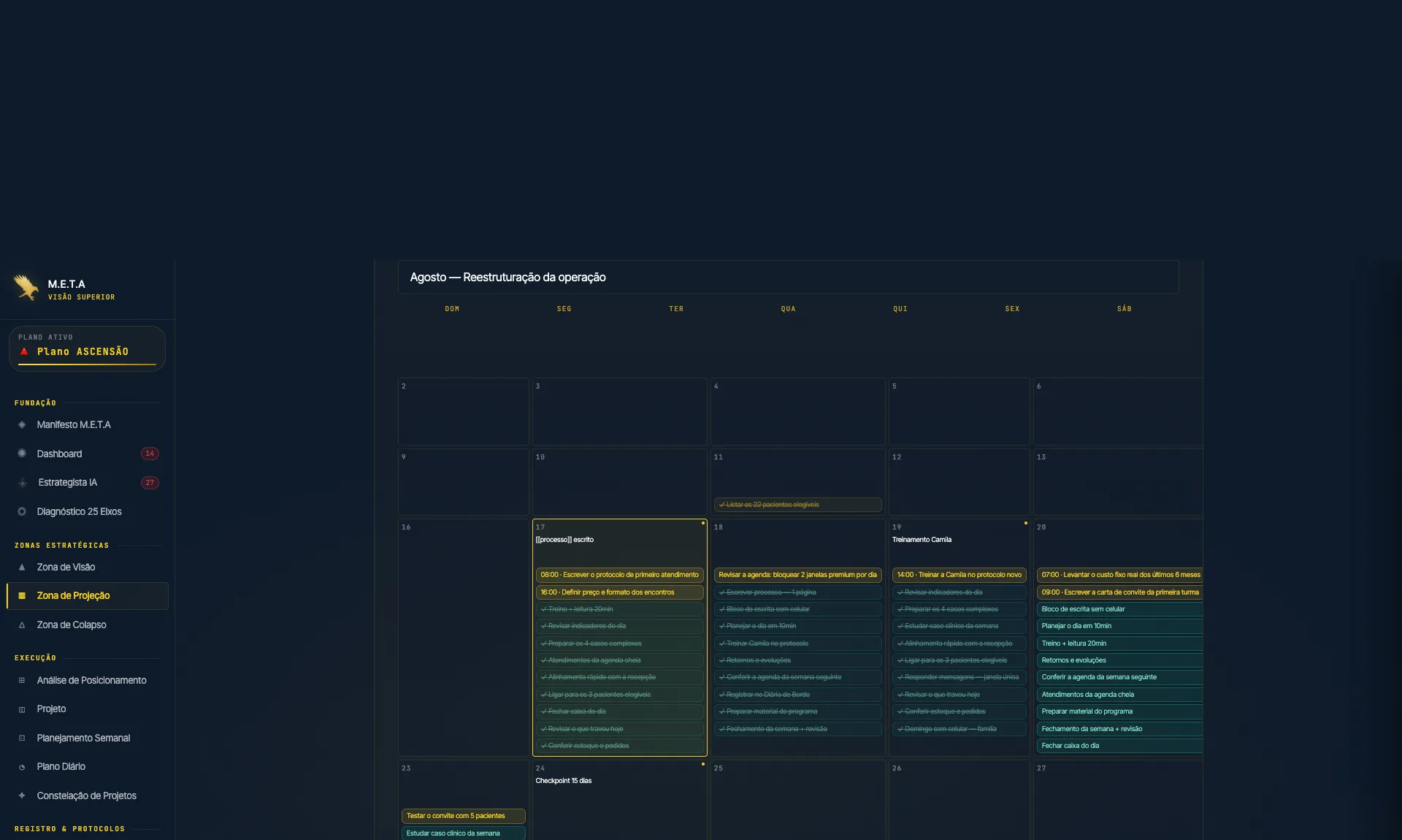 Zona de Projeção: calendário mensal com as tarefas dos projetos.