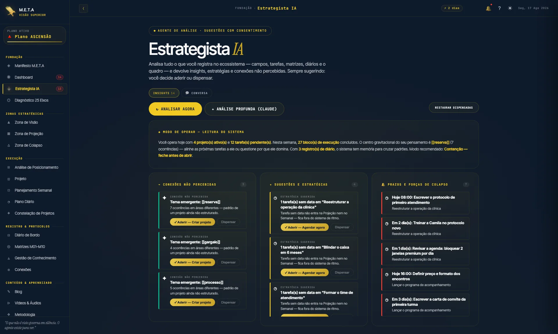 Estrategista IA listando prazos, estratégias sugeridas e conexões não percebidas a partir dos dados do usuário.